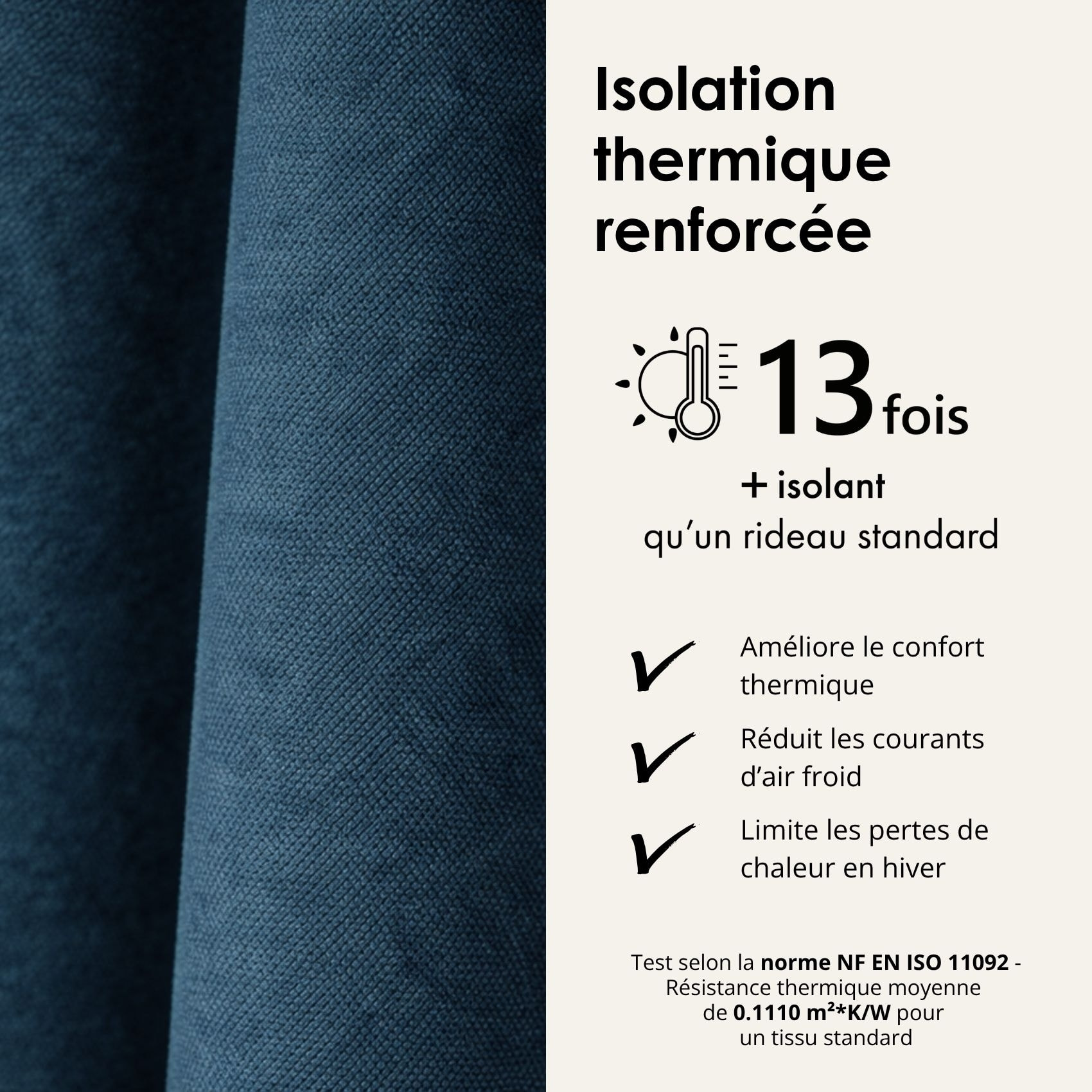 Rideau thermique phonique et semi occultant à galons fronceurs KONFOR - Bleu Paon