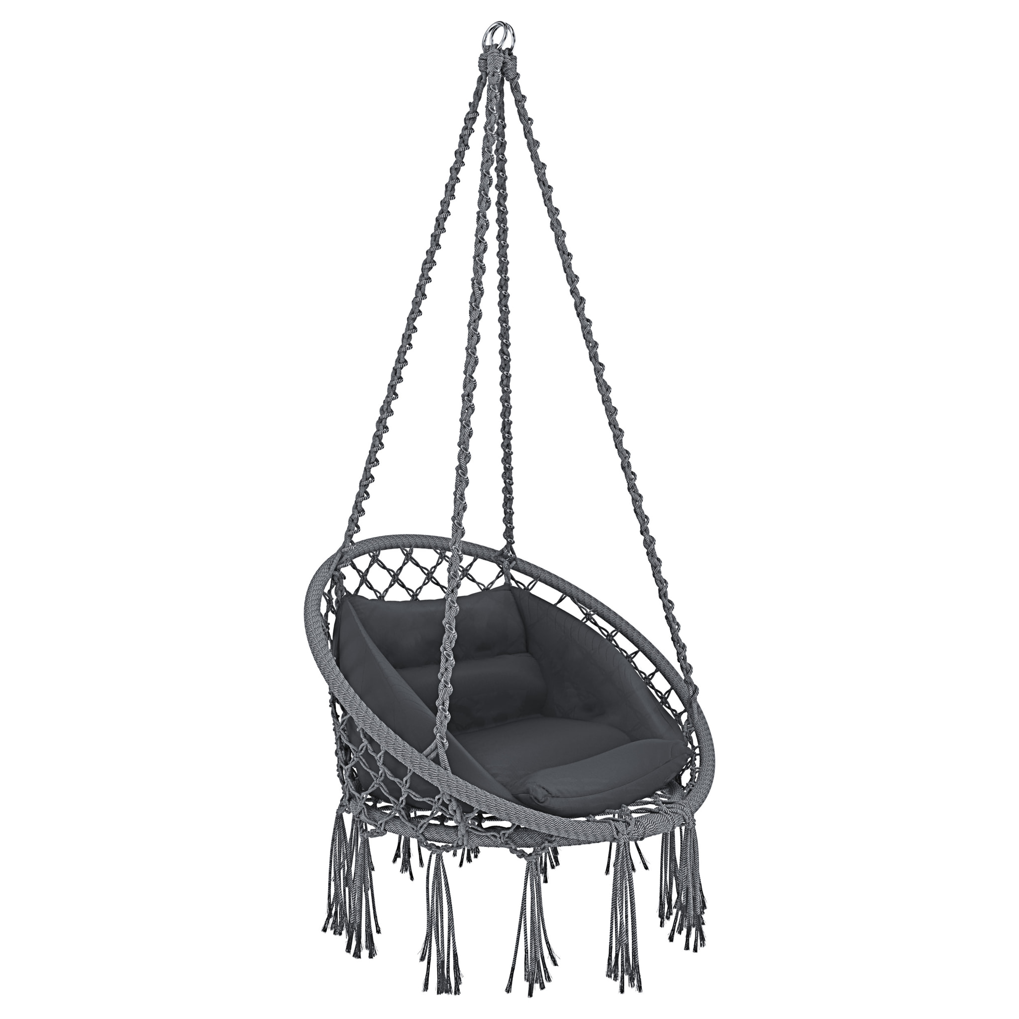 Poltrona Sospesa Pensile Da Giardino Con Corda In Cotone Effetto Macramè E Struttura In Acciaio Cuscino Sedia Dondolo Amaca Fino A 160 Kg Grigio