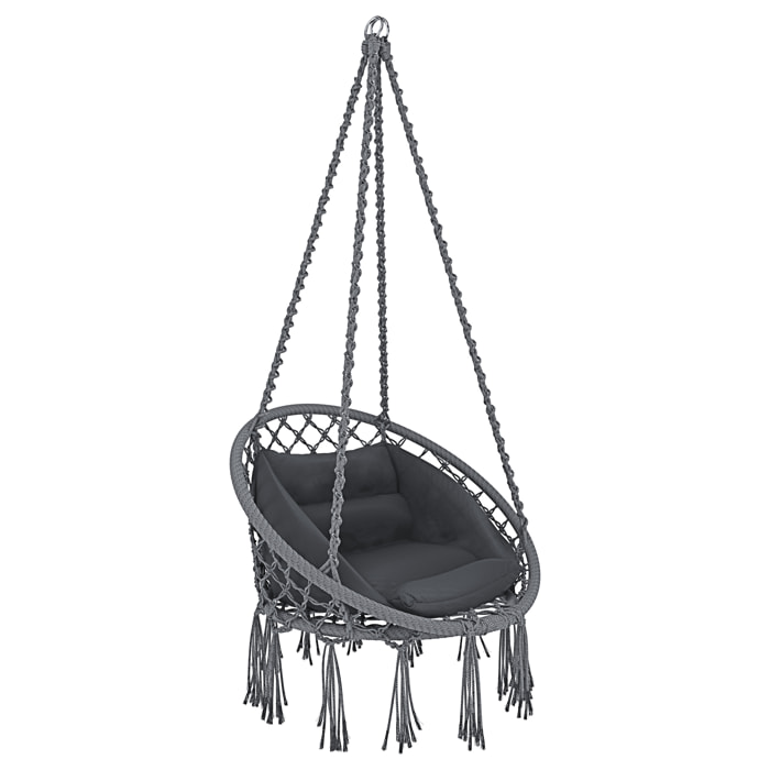 Poltrona Sospesa Pensile Da Giardino Con Corda In Cotone Effetto Macramè E Struttura In Acciaio Cuscino Sedia Dondolo Amaca Fino A 160 Kg Grigio