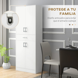 Alacena de Cocina Mueble de Cocina con 4 Puertas 1 Cajón y Estantes Ajustables Antivuelco Armario de Cocina Moderno para Comedor Salón 70,8x34x180 cm Blanco y Plata