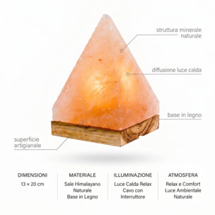 Lampada di sale himalayano piramide 13x20 cm, lampada sale rosa naturale con base in legno acacia, luce calda rilassante decorativa, ideale per camera salotto meditazione e idea regalo benessere