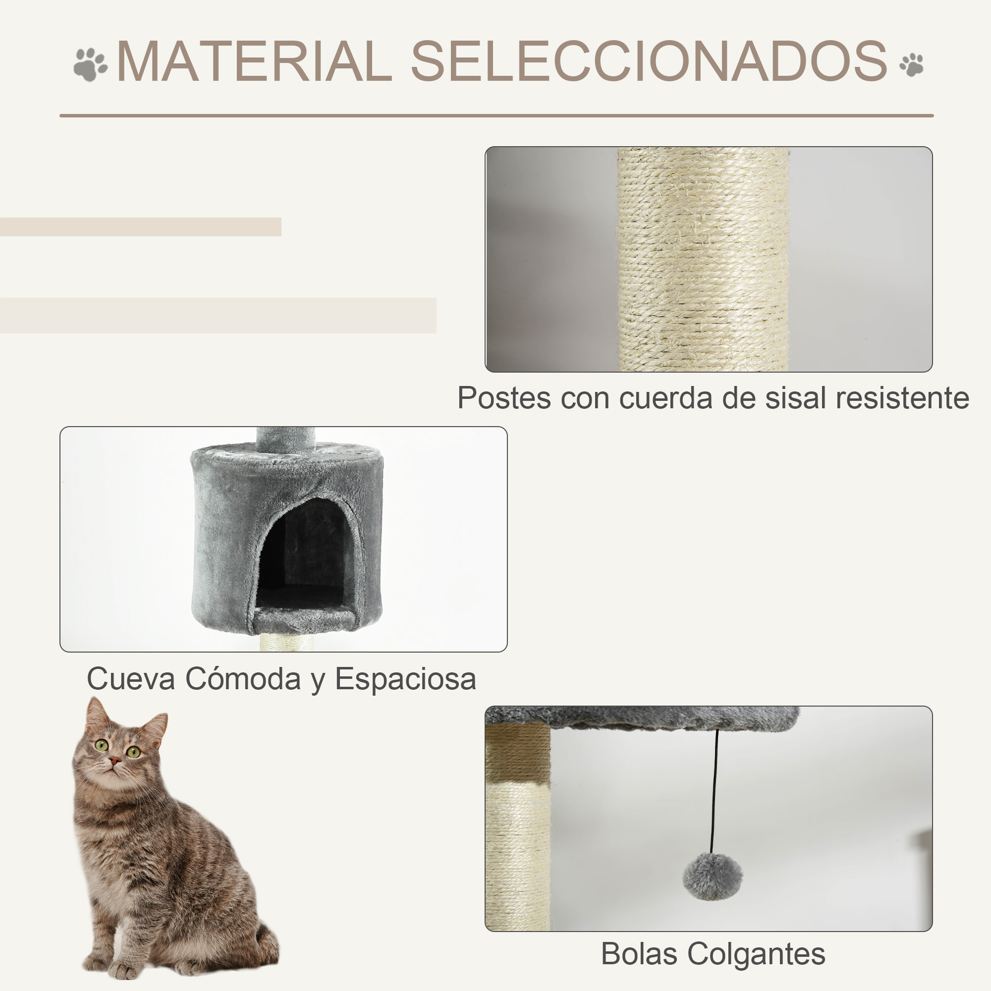 Árbol Rascador para Gatos Altura Ajustable 220-280cm Cueva Bola Colgante Gris