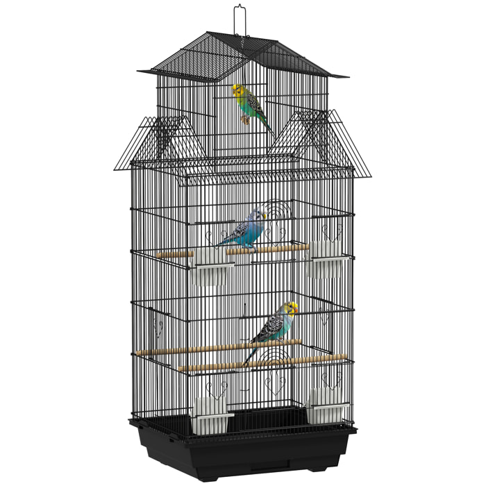 Jaula para Pájaros de Acero Pajarera con Comederos Perchas Columpio y Bandeja Extraíble Jaula Grande para Loros Canario Periquito 50,5x41x104 cm Negro