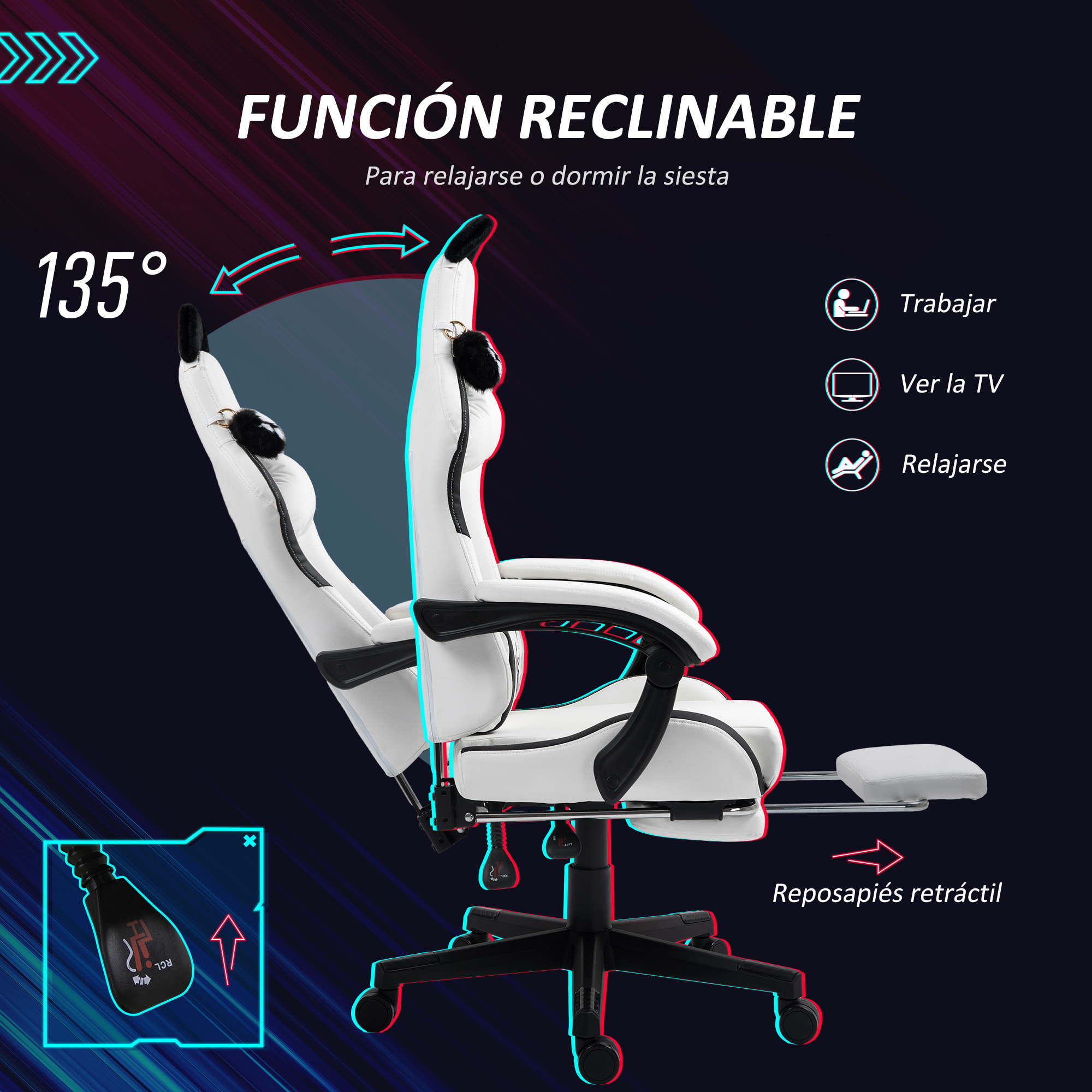 Silla Gaming con Orejas Silla Gamer Reclinable con Altura Ajustable Reposapiés Retráctil Soporte Lumbar y Reposacabezas Desmontable Silla para Oficina Estudio Blanco