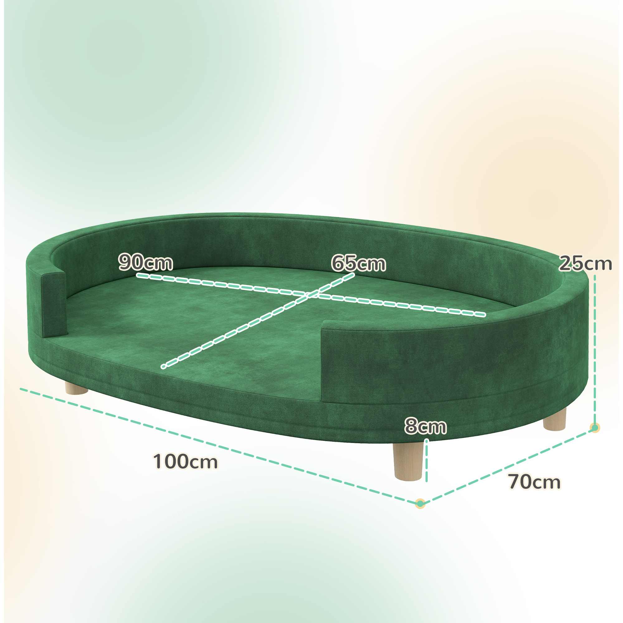 Canapé chien style nordique grande taille dim. 100L x 70l x 25H cm  - coussin amovible - piètement bois velours vert