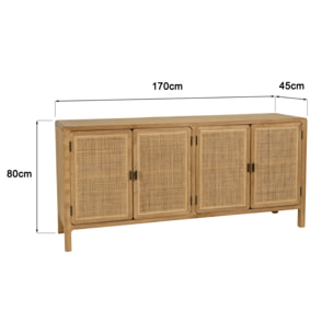 AMY - Buffet 4 portes 170cm en bois de mindi et rotin naturel