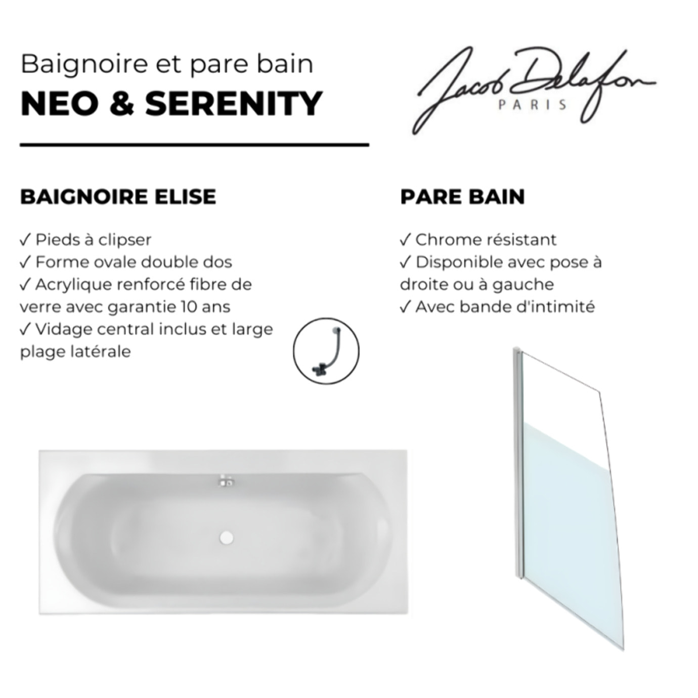 Baignoire droite 180 X 80 Elise acrylique + pare bain volet gauche + vidage