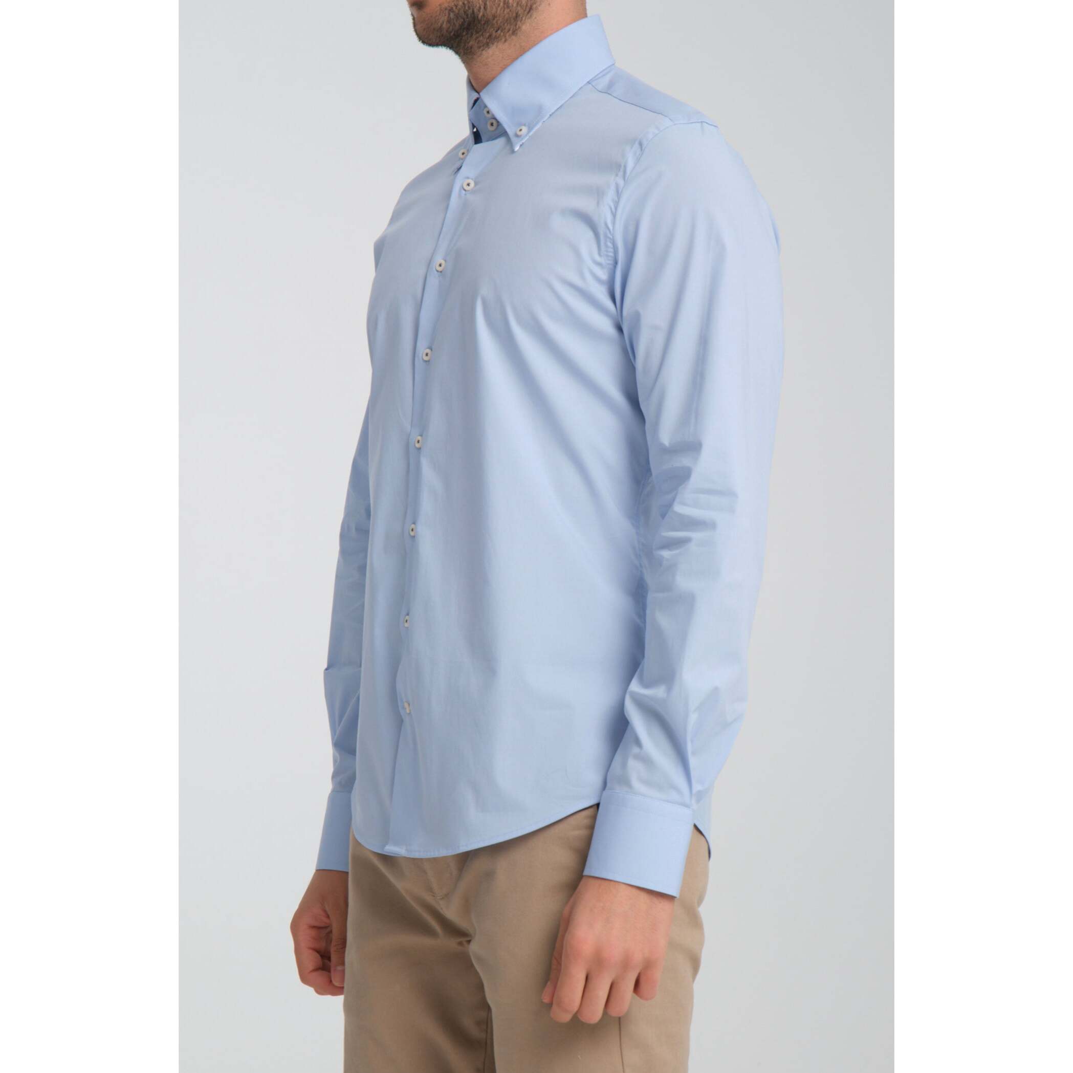 Camicia Uomo 2 Bottoni Button Down Slim Popeline Stretch Unito Celeste