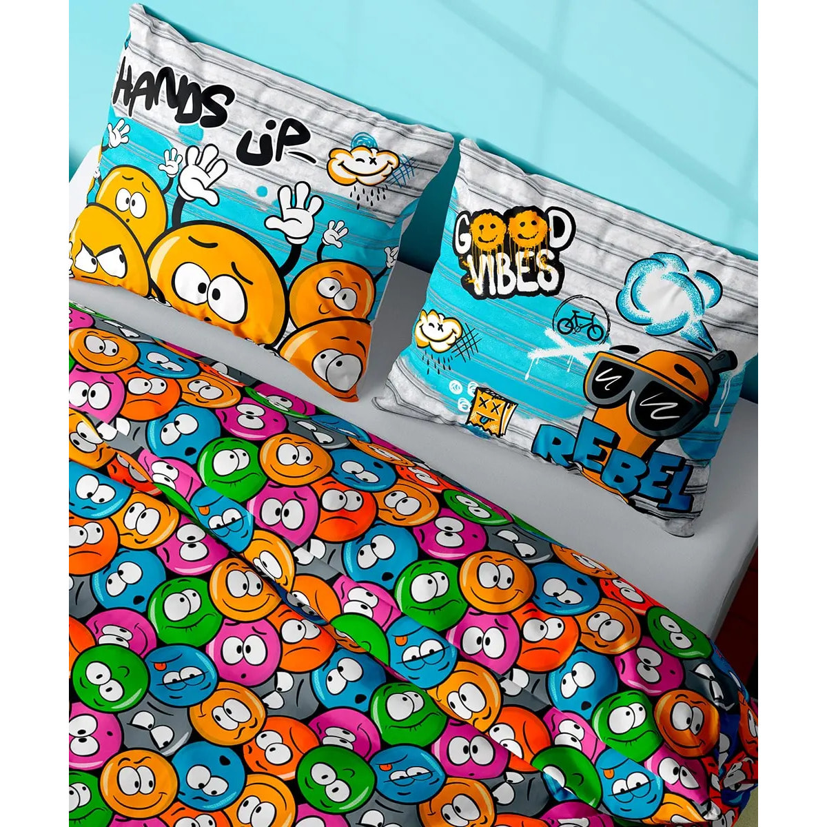 Parure Copripiumino Emoji per letto singolo in 100% Cotone e Made in Italy, faccine divertenti