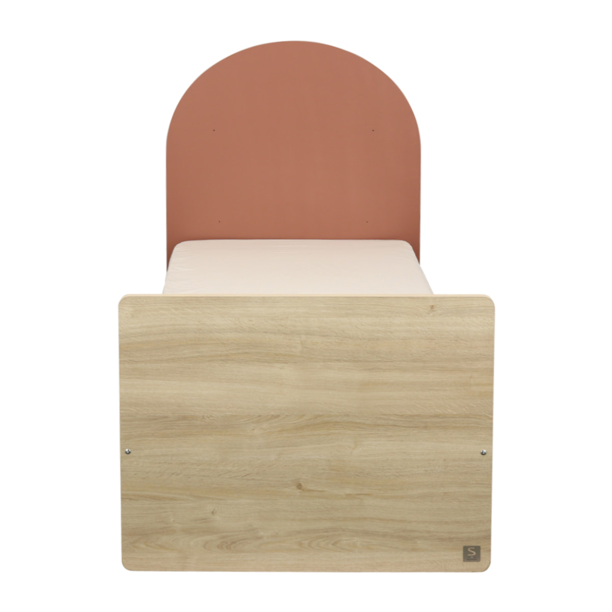 Lit junior 90x190 avec sommier et matelas - décor bois chêne sépia - tête de lit forme arche