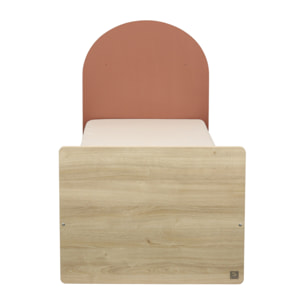 Lit junior 90x190 avec sommier et matelas - décor bois chêne sépia - tête de lit forme arche