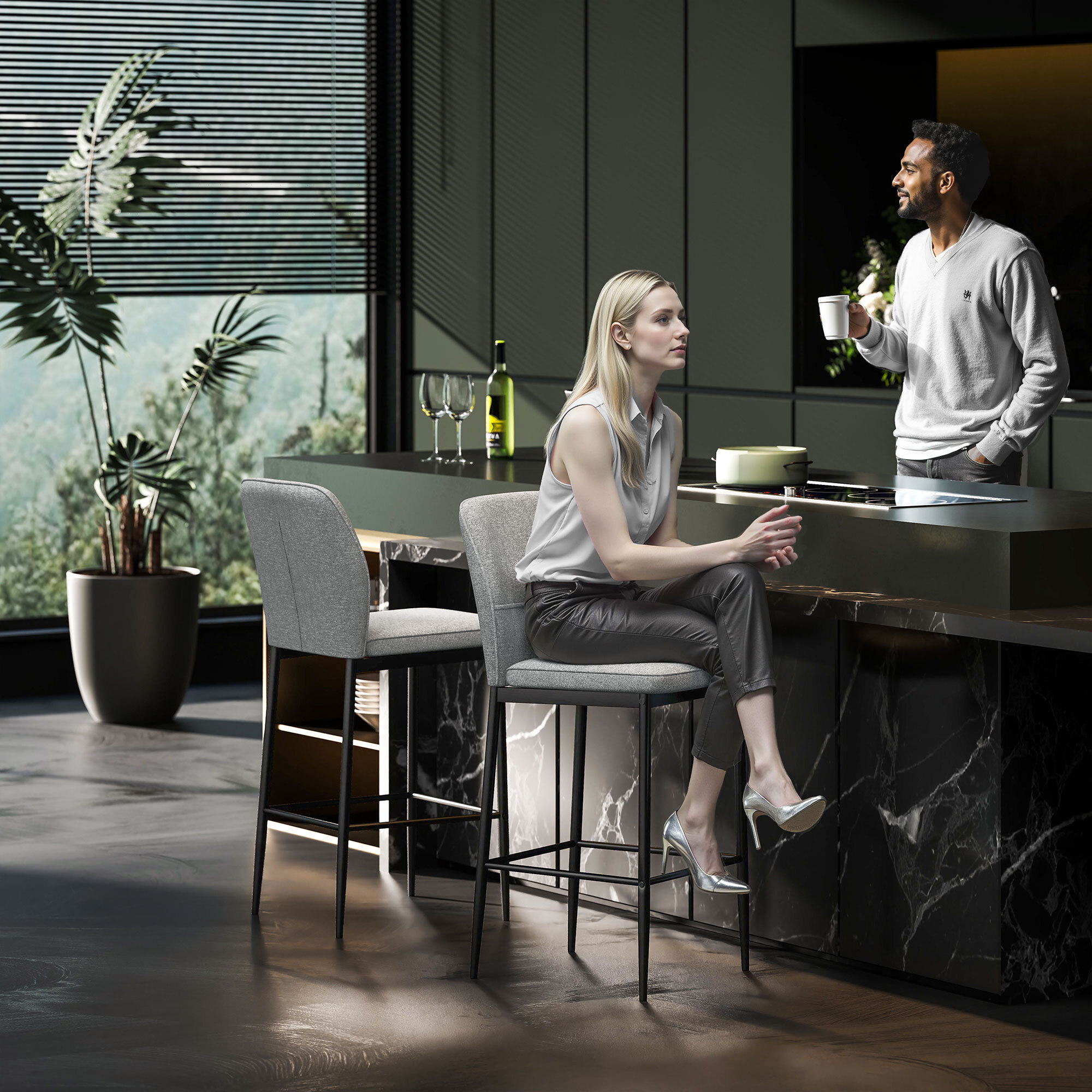 Juego de 2 Taburetes de Bar Taburetes Altos de Cocina con Respaldo y Reposapiés Tapizado en Terciopelo Marco de Acero Taburetes Altos Modernos para Comedor Mostrador Gris