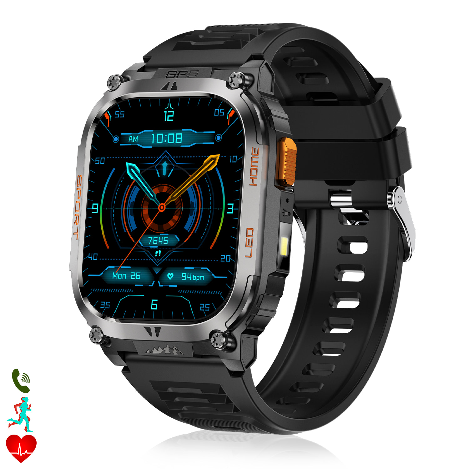 Smartwatch QX18, chiamate bluetooth, GPS + 4 sistemi di localizzazione, torcia, oltre 170 modalità sportive e monitor della salute.