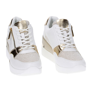 Sneakers bianco/oro, zeppa 7 cm