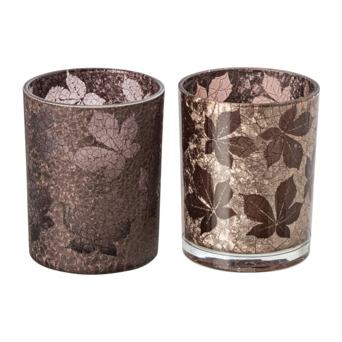 J-Line photophore feuilles craquelé - verre - marron foncé/beige - medium - assortiment de 2