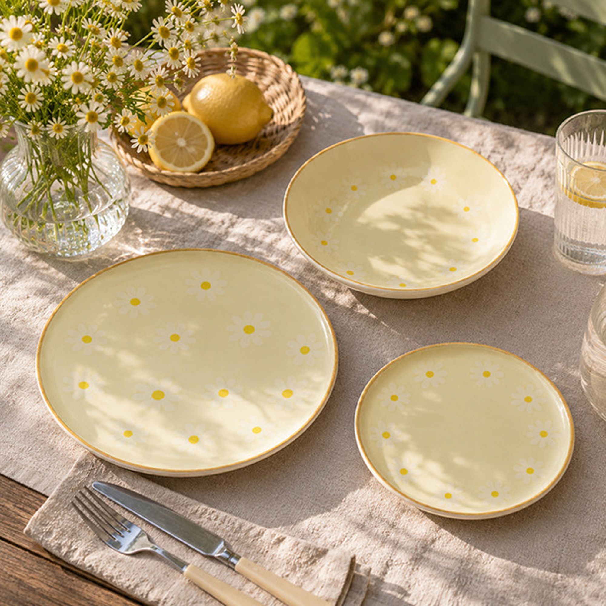 Lot de 6 assiettes à dessert 20cm en grès beige à motif marguerite MARGUERITE