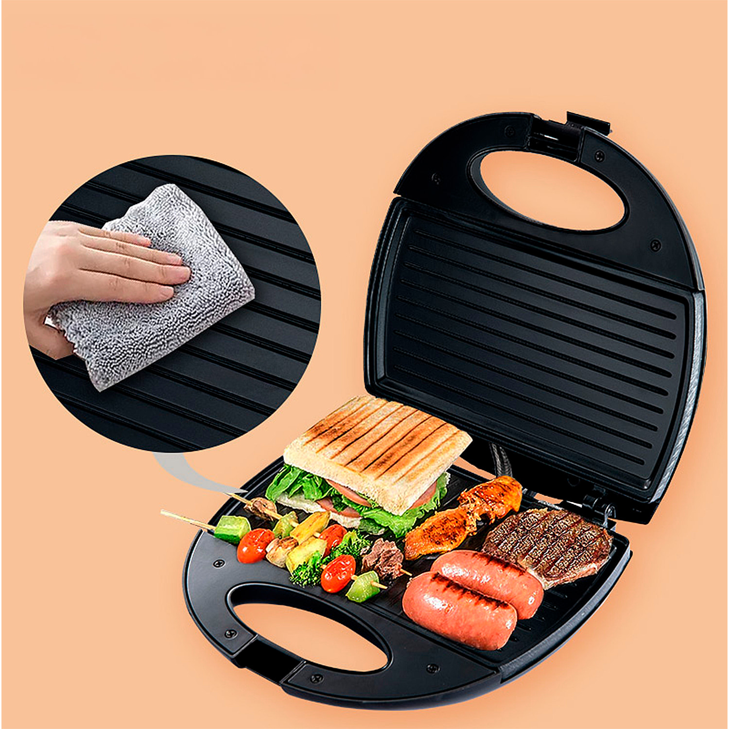Sandwichera antiadherente con 750W de potencia y luz indicadora.