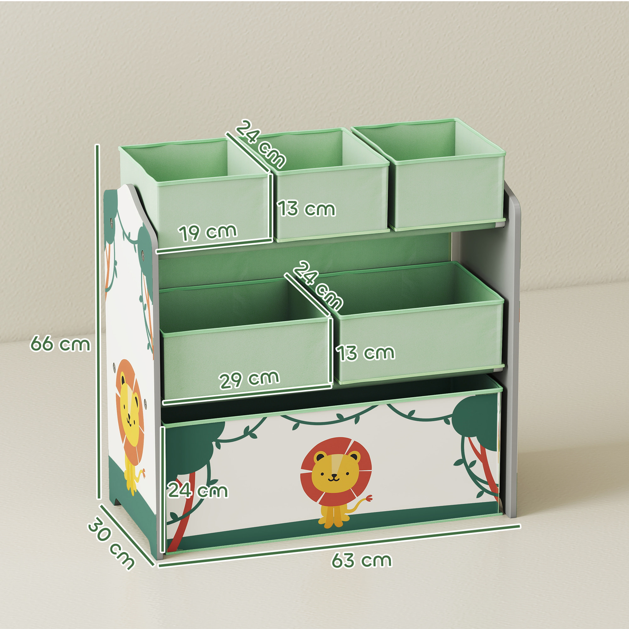 Étagère de rangement enfant design lion - 6 tiroirs en tissu - MDF - vert