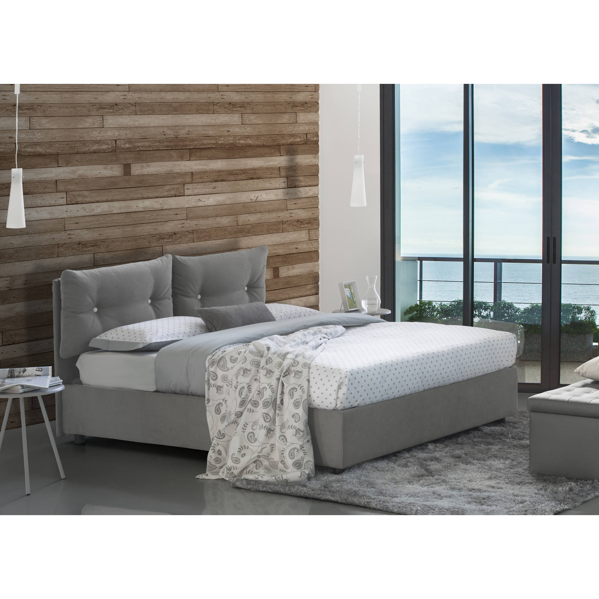 Letto singolo Albina, Letto contenitore con rivestimento in tessuto, 100% Made in Italy, Apertura frontale, con materasso Cm 80x190 incluso, Grigio