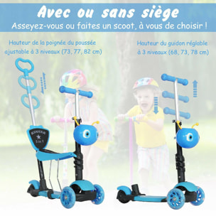 Trottinette pour enfants trottinette 3 roues évolutive 3 en 1 hauteur guidon réglable canne telescopique selle dossier amovible bleu