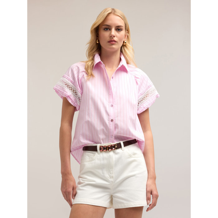 Motivi - Camicia a righe con maniche ricamate - Rosa