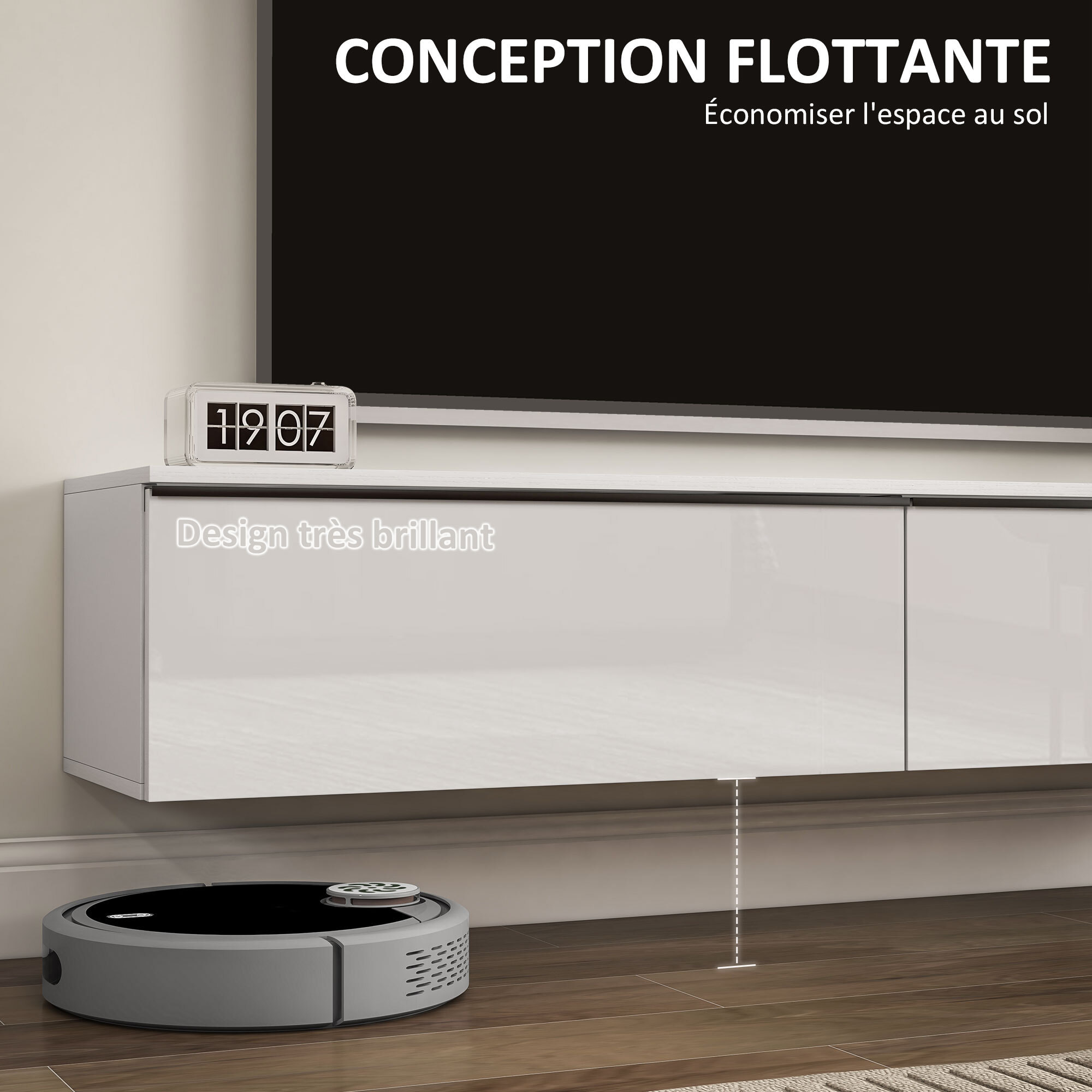 Meuble TV suspendu meuble TV flottant design façade blanc laqué 2 portes