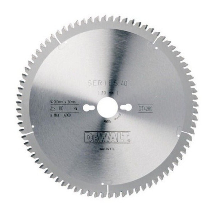 Lame scie stationnaire DEWALT Ø 260 Alésage 30 mm 80 dents négatif - Pour alu/plastique - DT4280