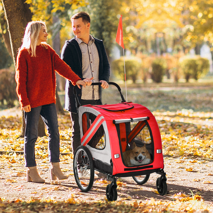 Remorque vélo jogger 2 en 1 pour animaux drapeau roue avant pivotante réflecteurs rouge gris