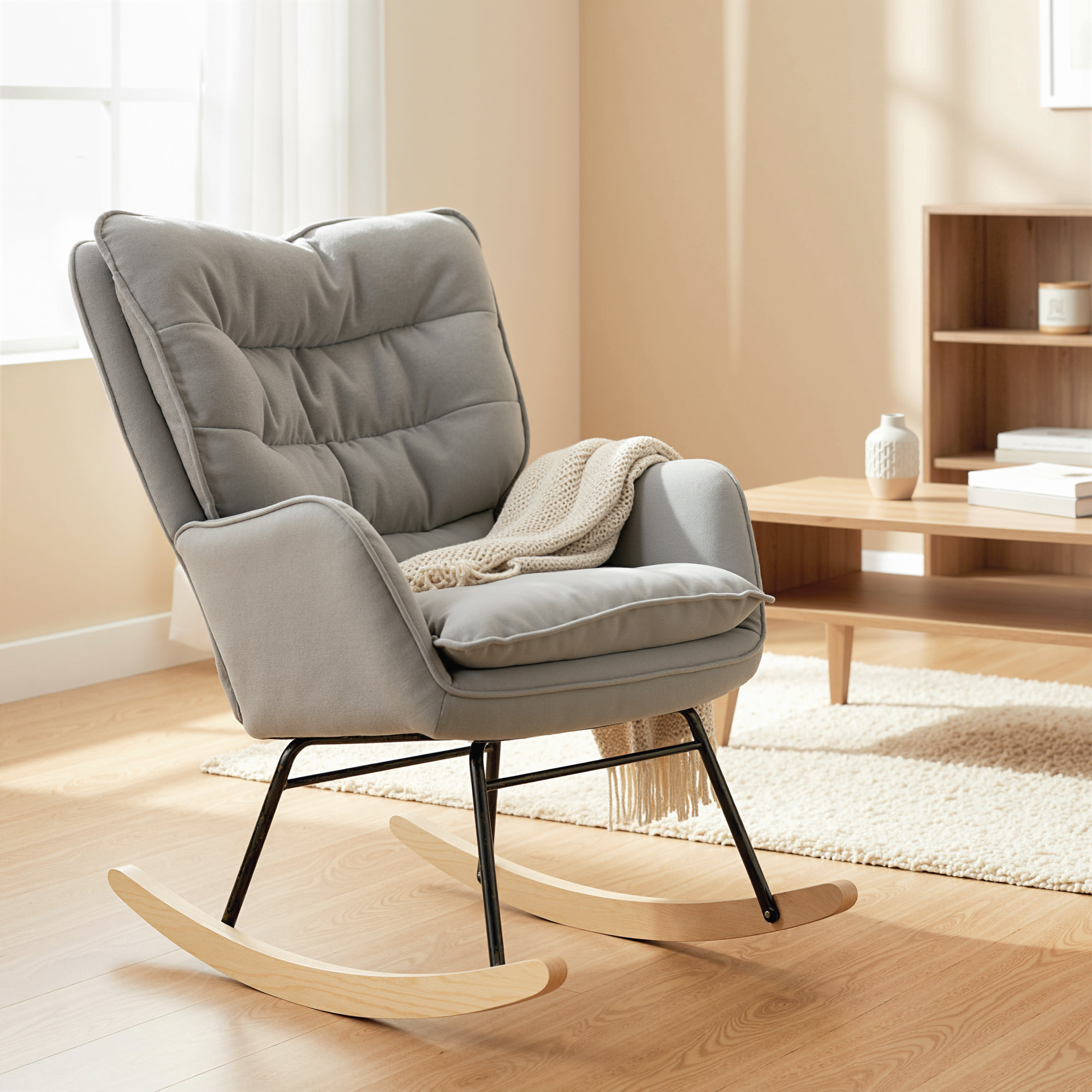 Silla Mecedora Moderna, Mecedora Tapizada en Chenilla, Sillón de Lactancia con Respaldo Ancho, Acolchado Grueso, Patas de Madera, Reposabrazos, para Dormitorio, Salón, Gris Claro