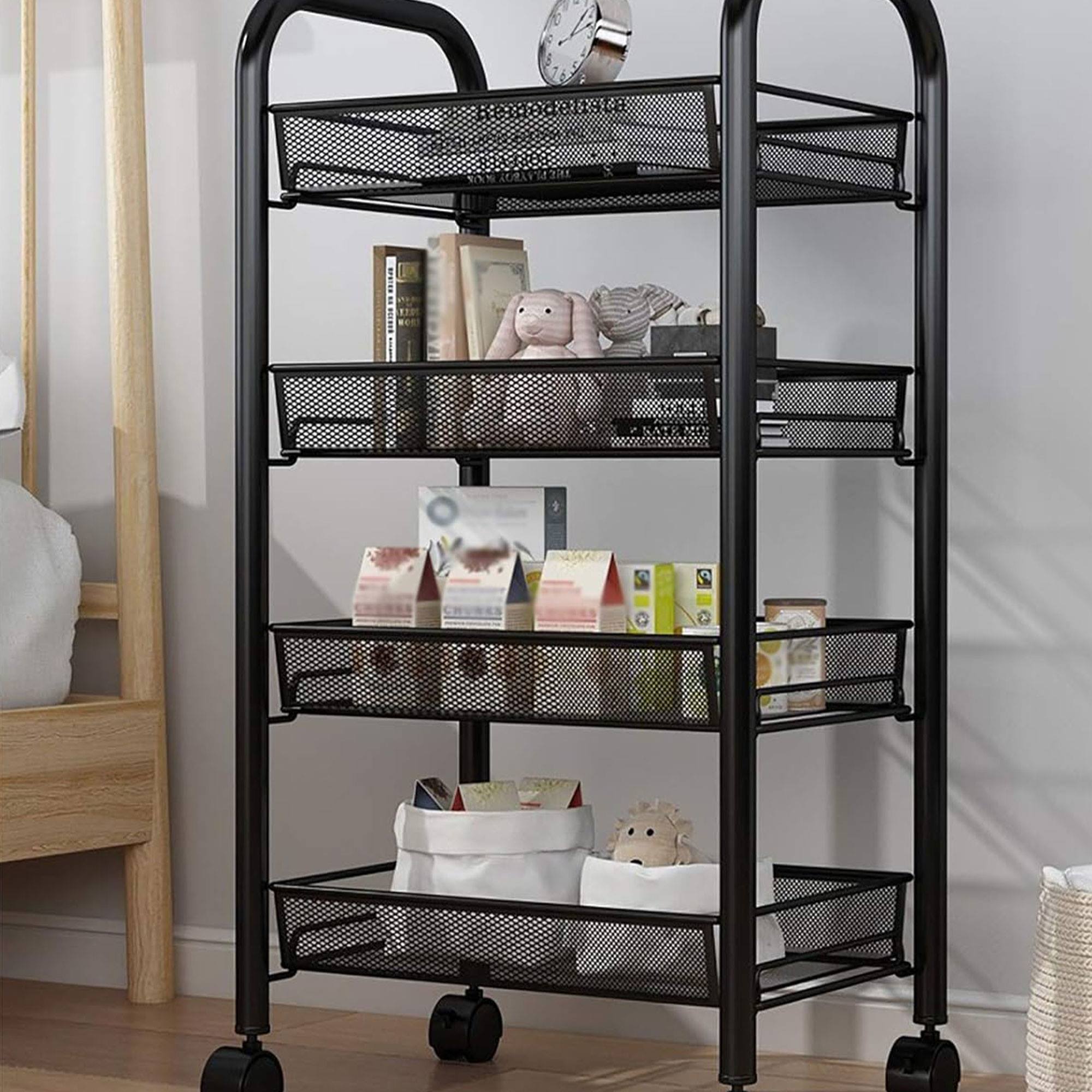 Estantería metálica de 4 baldas con ruedas 86x29x12cm