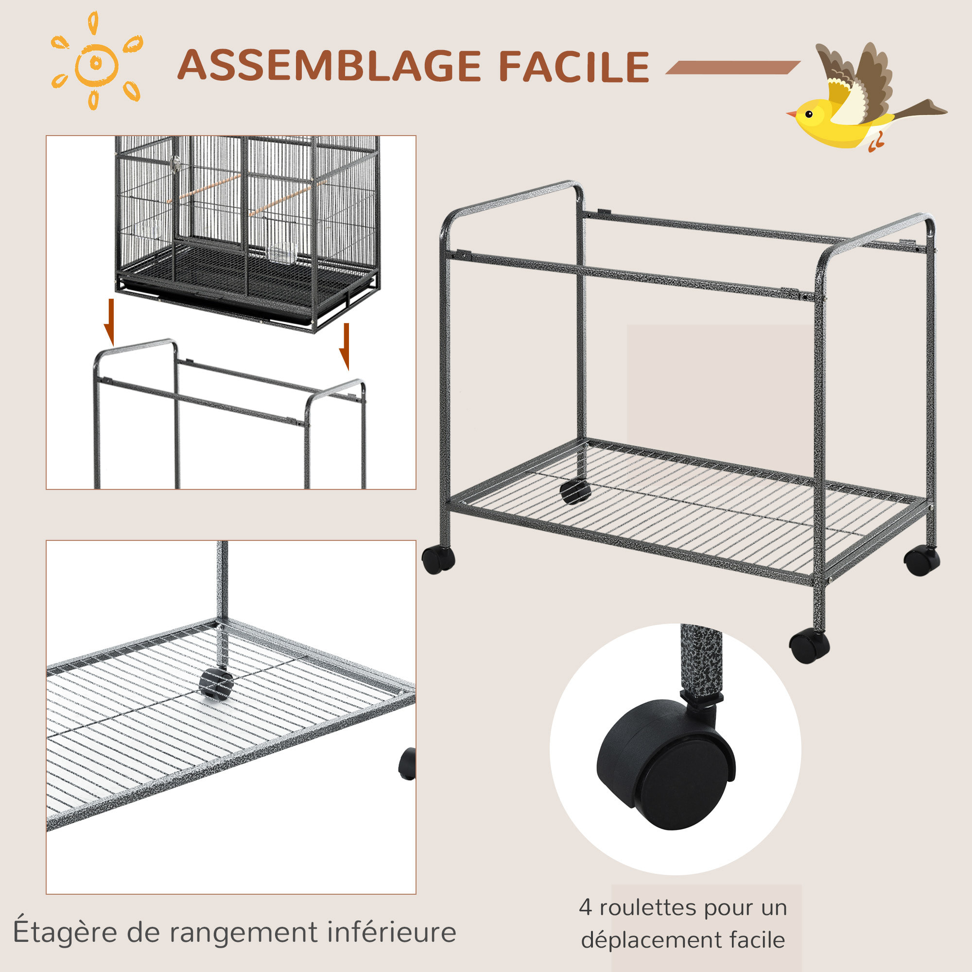 Cage à oiseaux portable avec 4 mangeoires et 4 perchoirs pratique 81 x 48 x 162 cm noir et gris