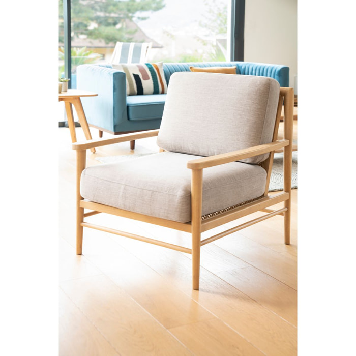 Fauteuil tissu lin gris clair pieds frêne naturel Basil