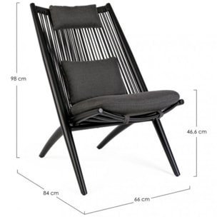Set di 4 poltrone ALOHA in alluminio nero e intreccio di corda nero, con cuscini