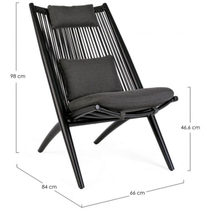 Set di 4 poltrone ALOHA in alluminio nero e intreccio di corda nero, con cuscini