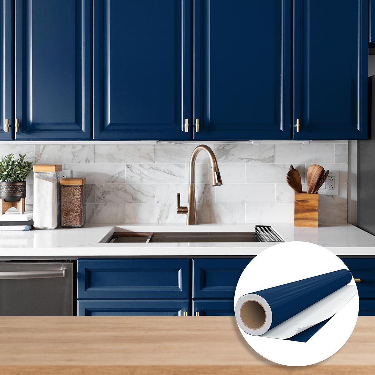 Rouleau adhésif décoratif Vinyle au Mètre - Bleu fonce - Sticker Lavable Imperméable Mur Cuisine Meubles