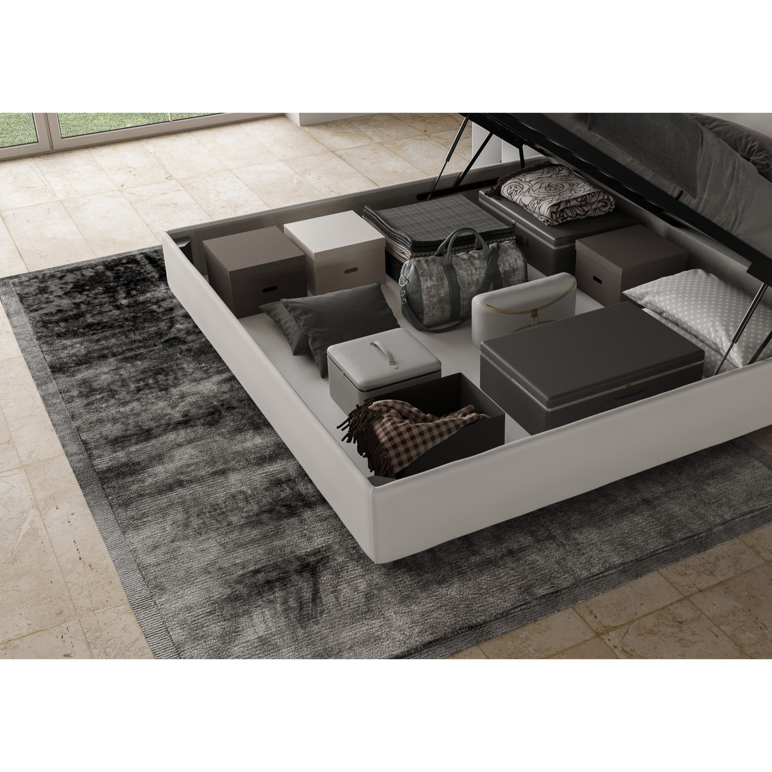 Letto matrimoniale king size contenitore imbottito 200x210 similpelle bianco Appia