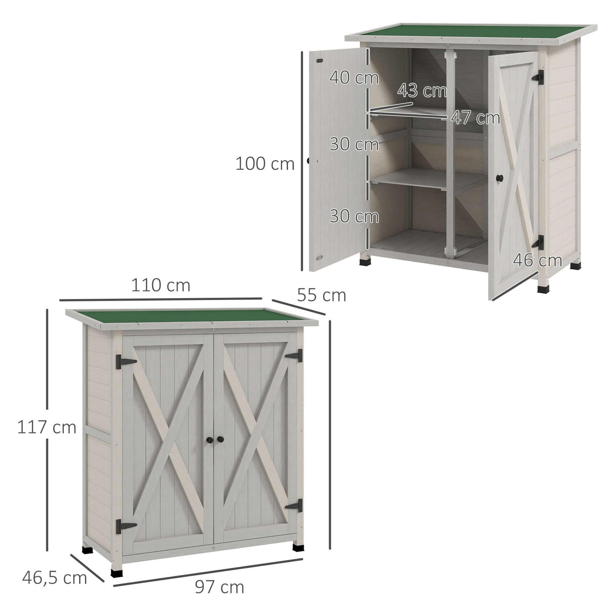 Abri de jardin armoire de jardin sur pied dim. 110L x 55l x 117H cm 2 étagères 2 portes toit bitumé bois sapin pré-huilé gris clair