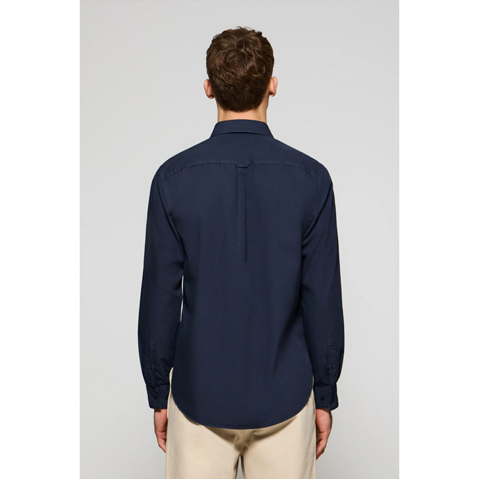 Camicia blu marino in popeline garment dye con ricamo Rigby Go