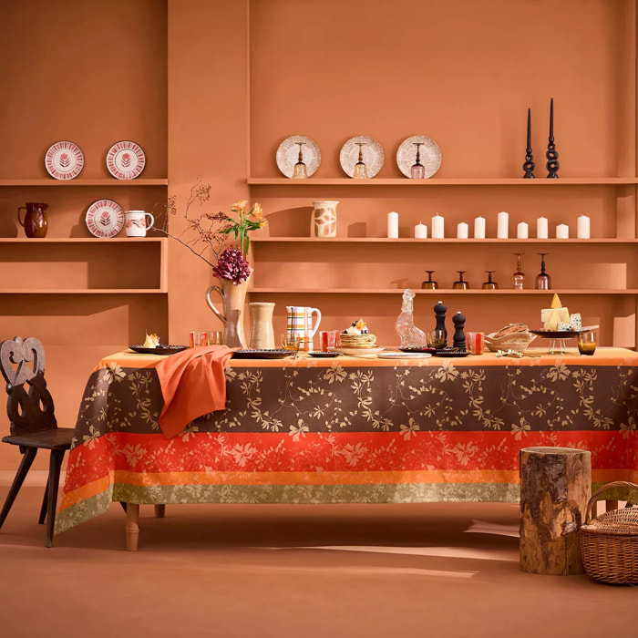 Nappe pur coton 220 g/m² motif jacquard orange marron Mille lierres automne