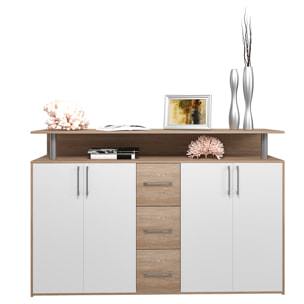 Credenza Comò Con 3 Cassetti 4 Ante Battenti 1 Ripiano Aperto A Giorno Mobile Mobiletto Soggiorno Ingresso Salotto 139 x 90 x 34 Cm Bianco Rovere