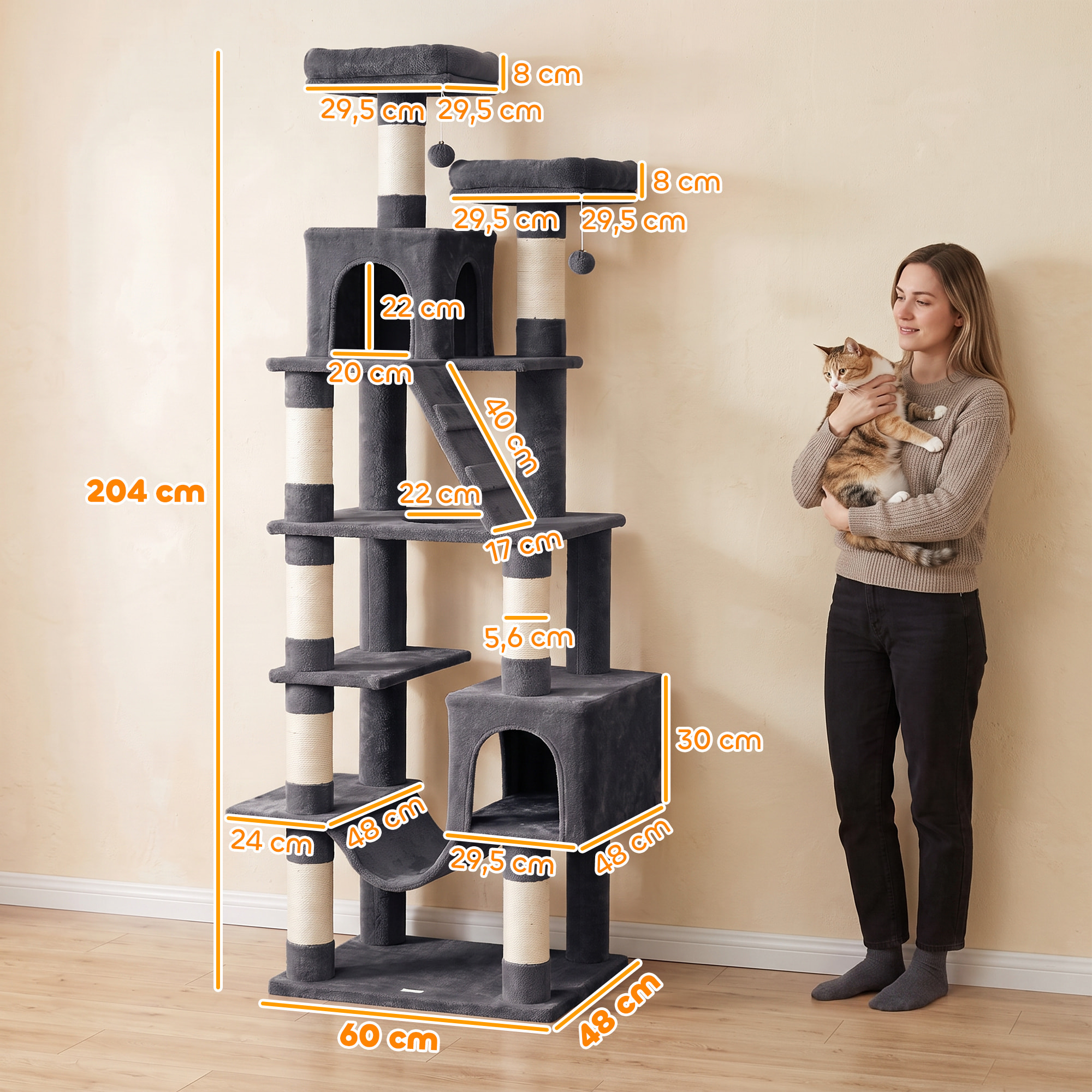 Árbol Rascador para Gatos 204 cm, Torre para Gatos Multinivel con 2 Cuevas, 2 Camas, Hamaca, Postes de Sisal, Escalera, 2 Bolas Colgantes, Tela de Felpa, para 1-3, Gris Oscuro