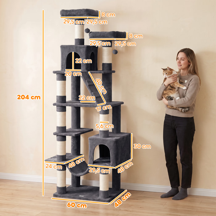 Árbol Rascador para Gatos 204 cm, Torre para Gatos Multinivel con 2 Cuevas, 2 Camas, Hamaca, Postes de Sisal, Escalera, 2 Bolas Colgantes, Tela de Felpa, para 1-3, Gris Oscuro