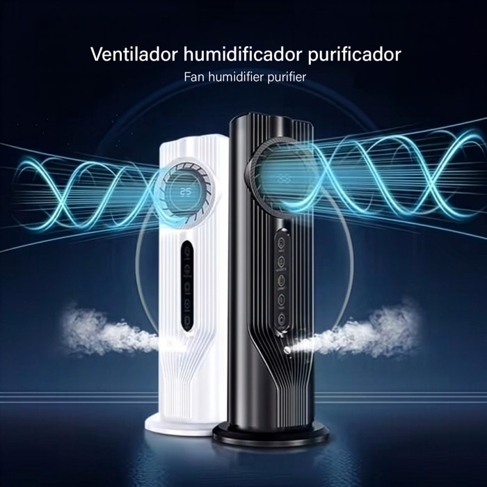 Ventilador de sobremesa BDL-908B. Con función de nebulización, 6 velocidades y temporizador de hasta 9 horas. Depósito de 100 ml y luz ambiental de 7 colores.