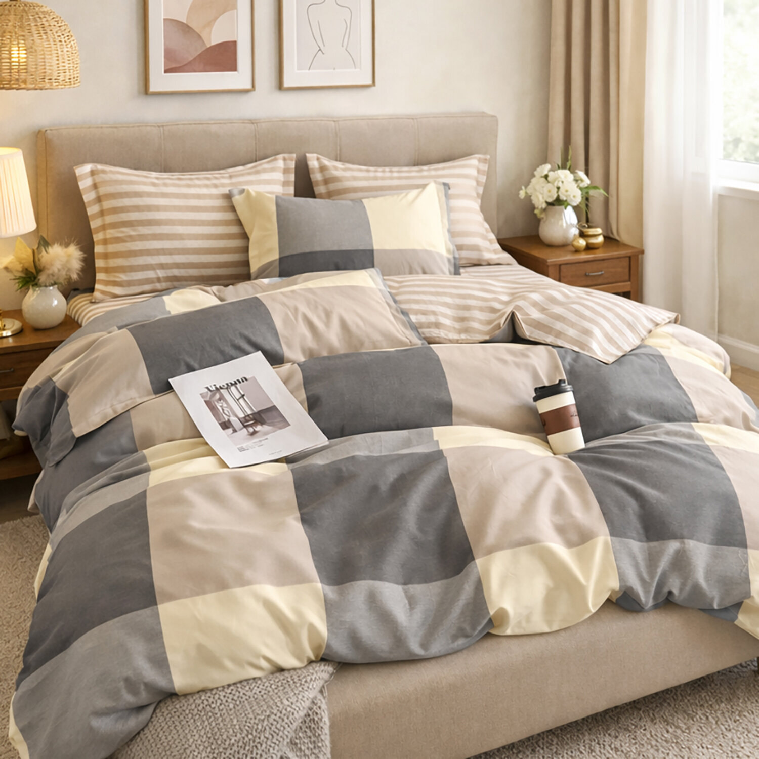 Parure housse de couette 240x220 cm 100% percale de coton - Cytine imprimé carreaux beige gris