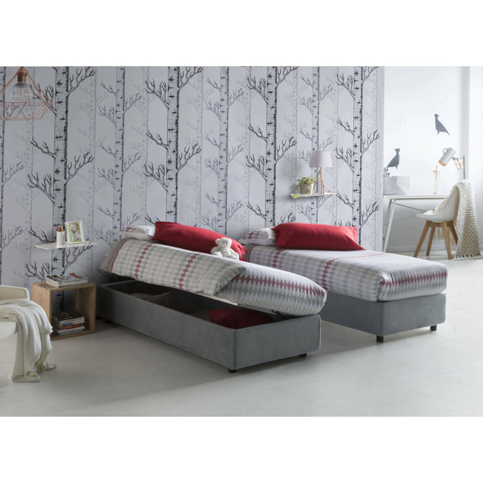 Letto singolo Adoxa, Letto contenitore con rivestimento in tessuto, 100% Made in Italy, Apertura laterale, adatto per materasso Cm 80x190, Grigio