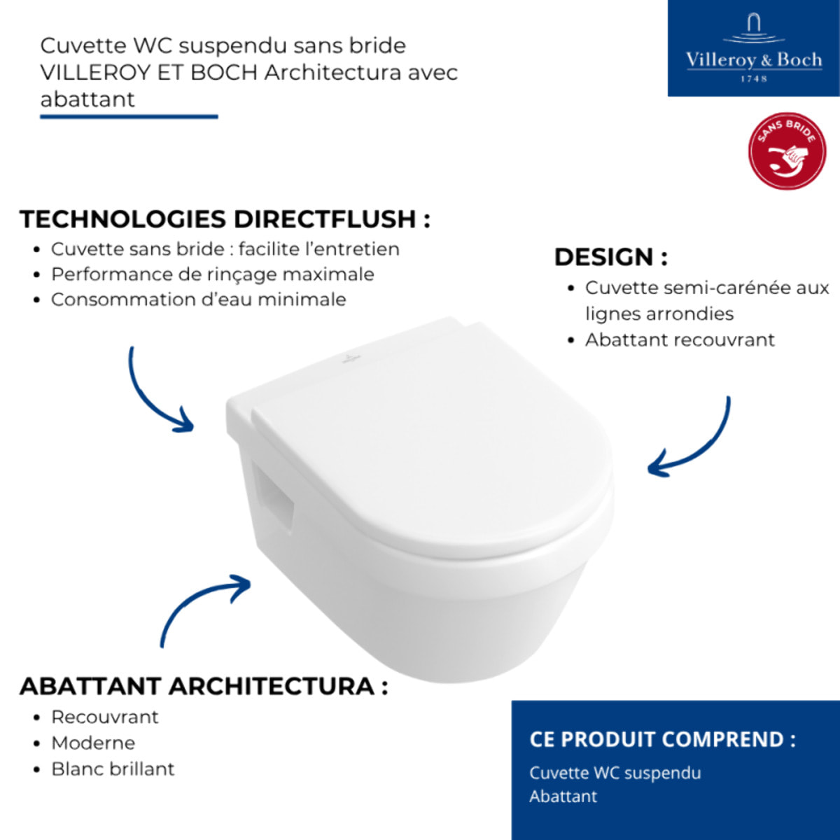 Cuvette WC suspendu sans bride VILLEROY & BOCH Architectura avec abattant