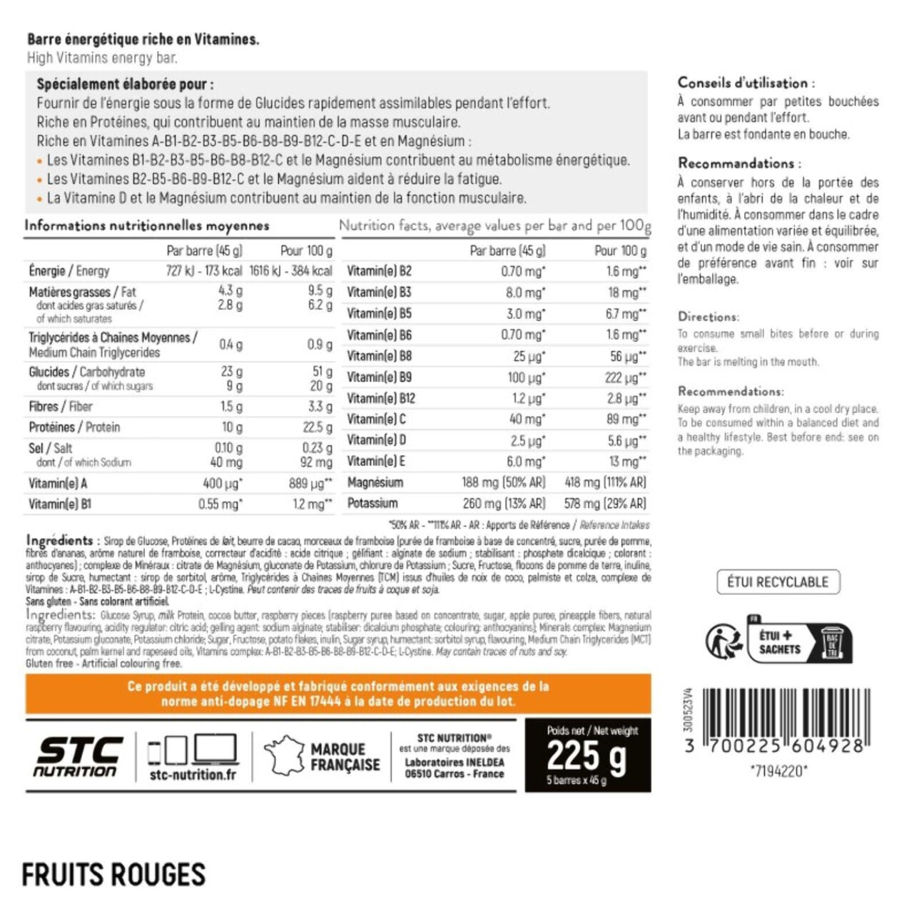 STC NUTRITION - VO2 Max Bar - Barre énergétique - Spéciale efforts longue durée - Glucides + Protéines (Whey) + Vitamines - Goût Banane, Chocolat ou Fruits Rouges - 5 barres