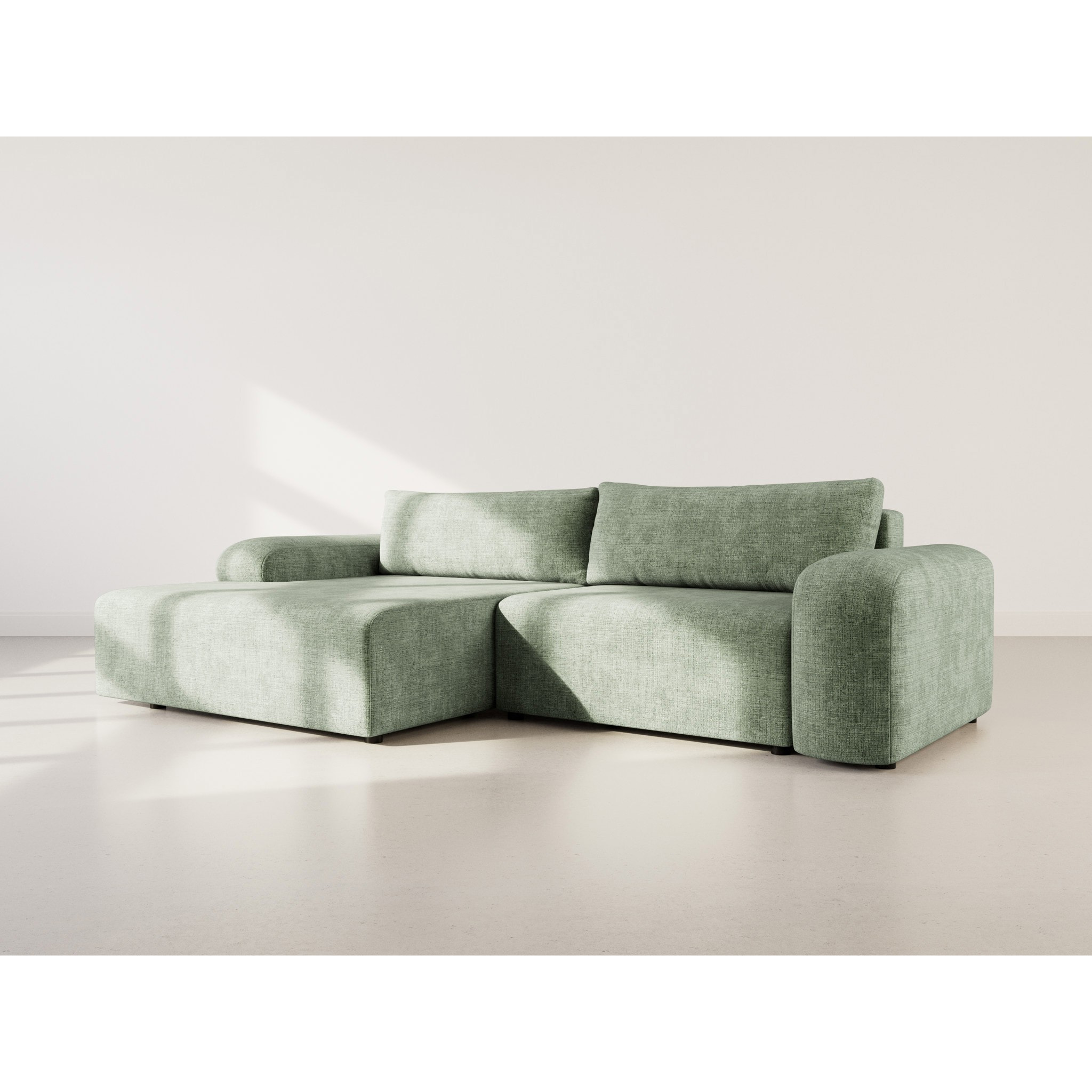 Rebecca - canapé d'angle gauche 4 places convertible avec coffre en velours texturé - Vert sauge