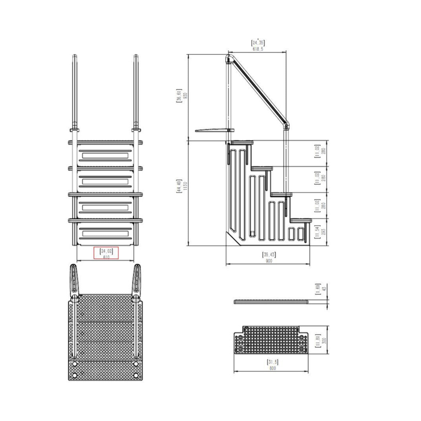Escalier simple pour piscine en plastique
