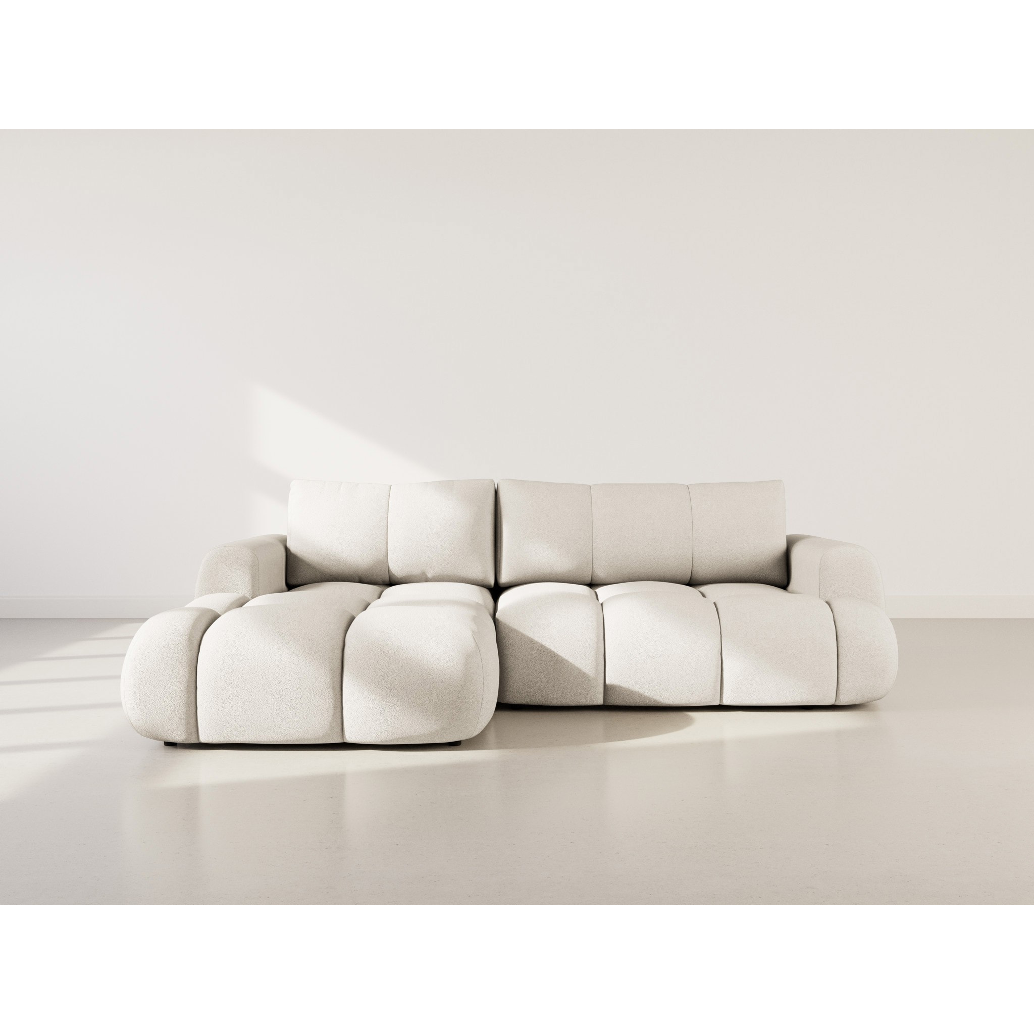 Yulin - Canapé d'angle gauche 4 places convertible avec coffre en tissu bouclette - Beige